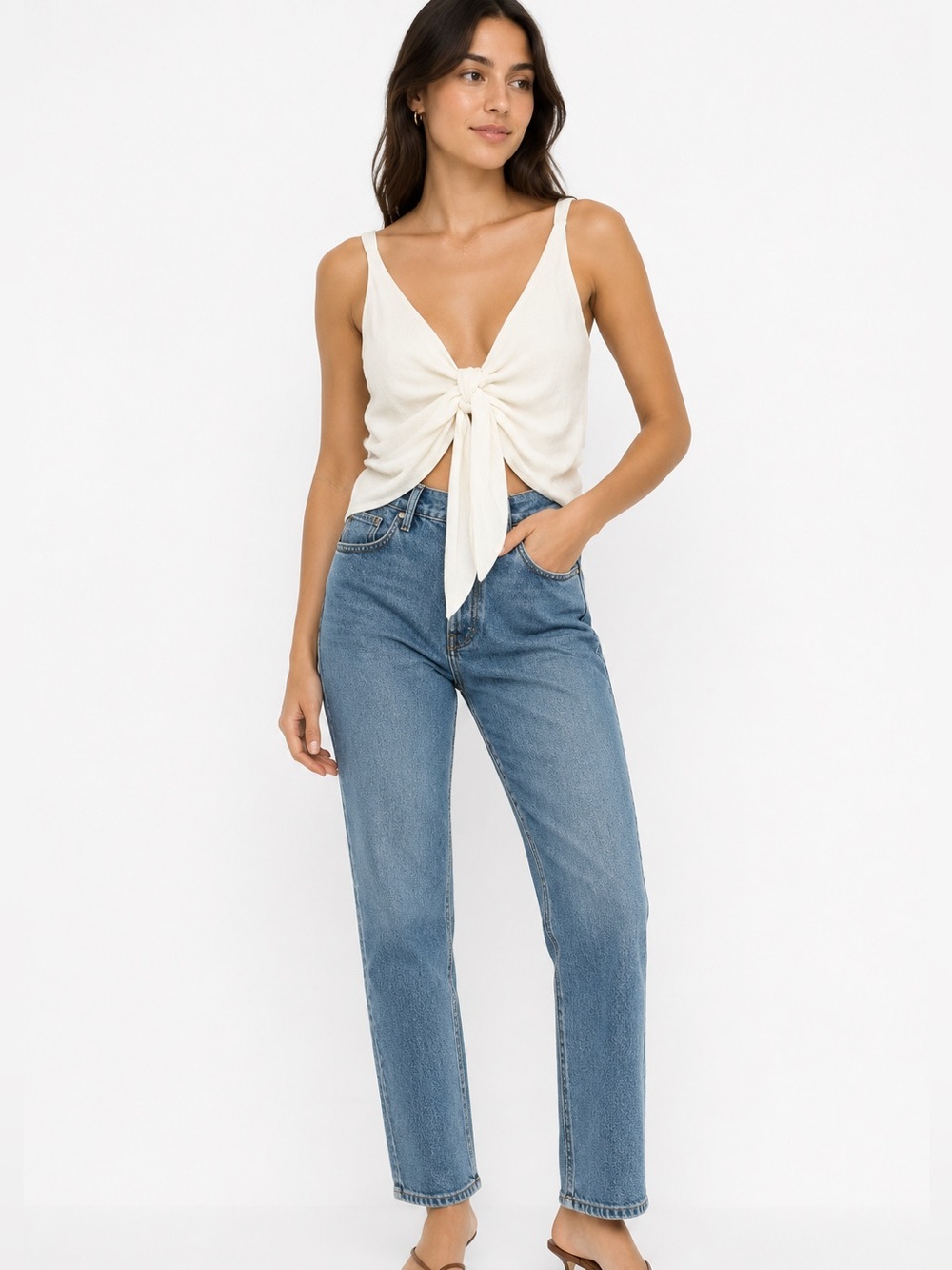 Zara Ivory Linen Tie-Front Tank Top